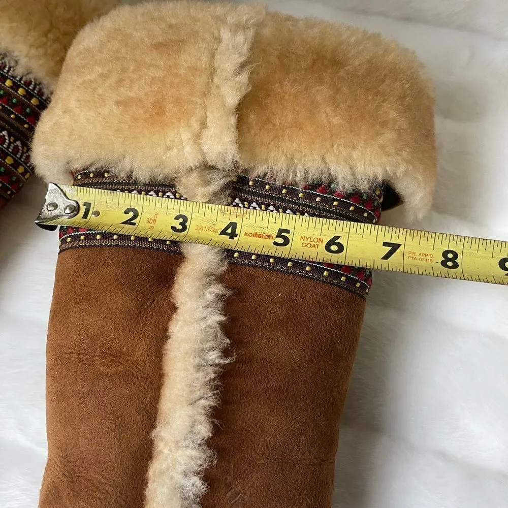 Born leather suede tan boots shearling fur lined multi color ribbon appliqué SZ6